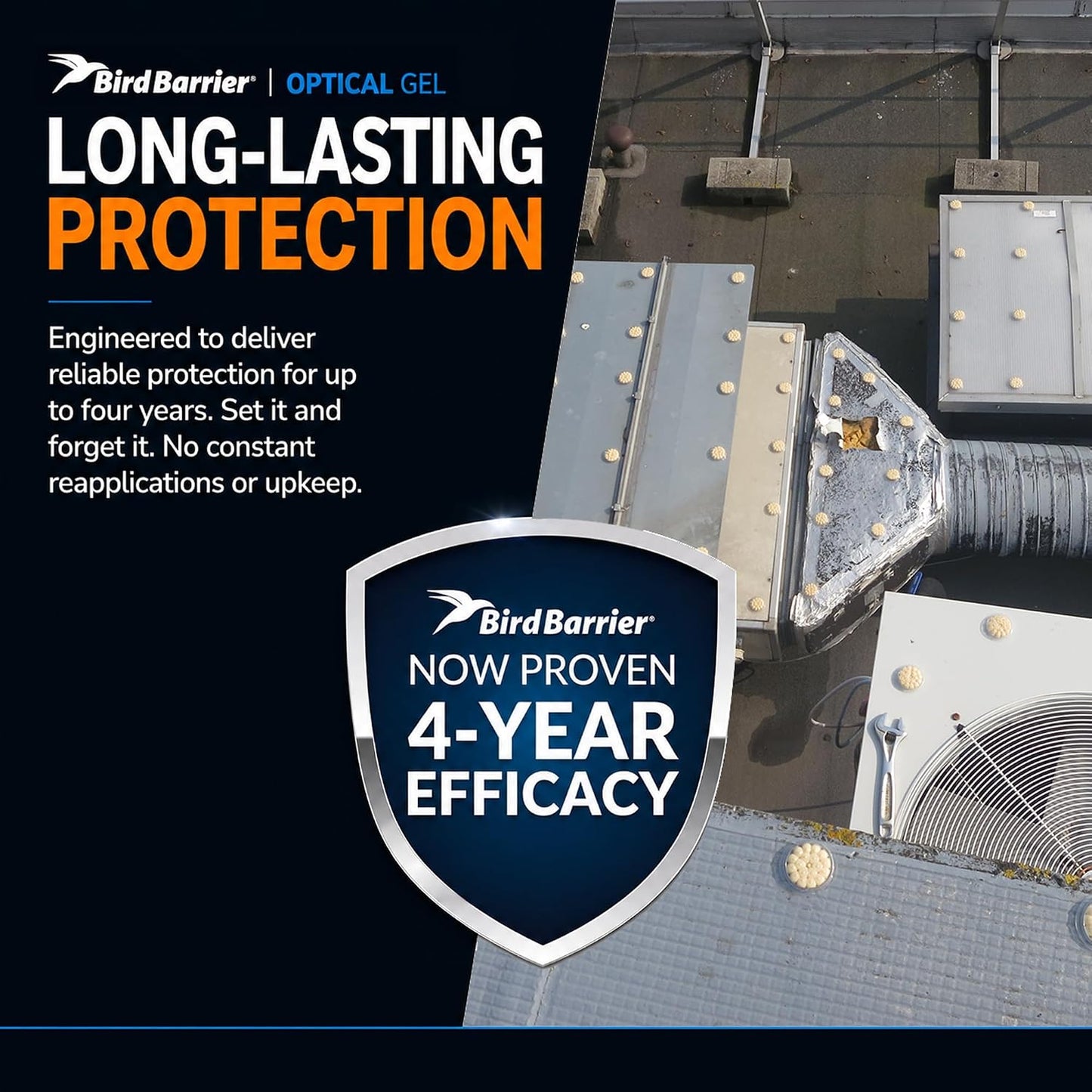 Weatherproof optical gel discs protecting commercial roof beams from pigeons