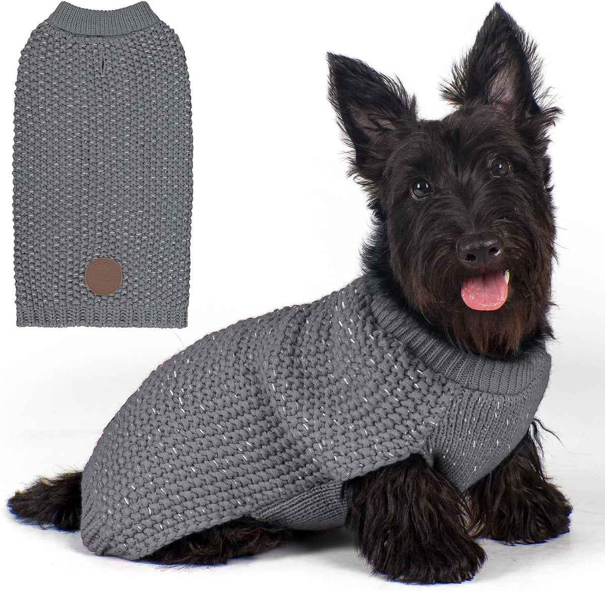 A large dog comfortably walking outdoors at dusk wearing the reflective sweater.