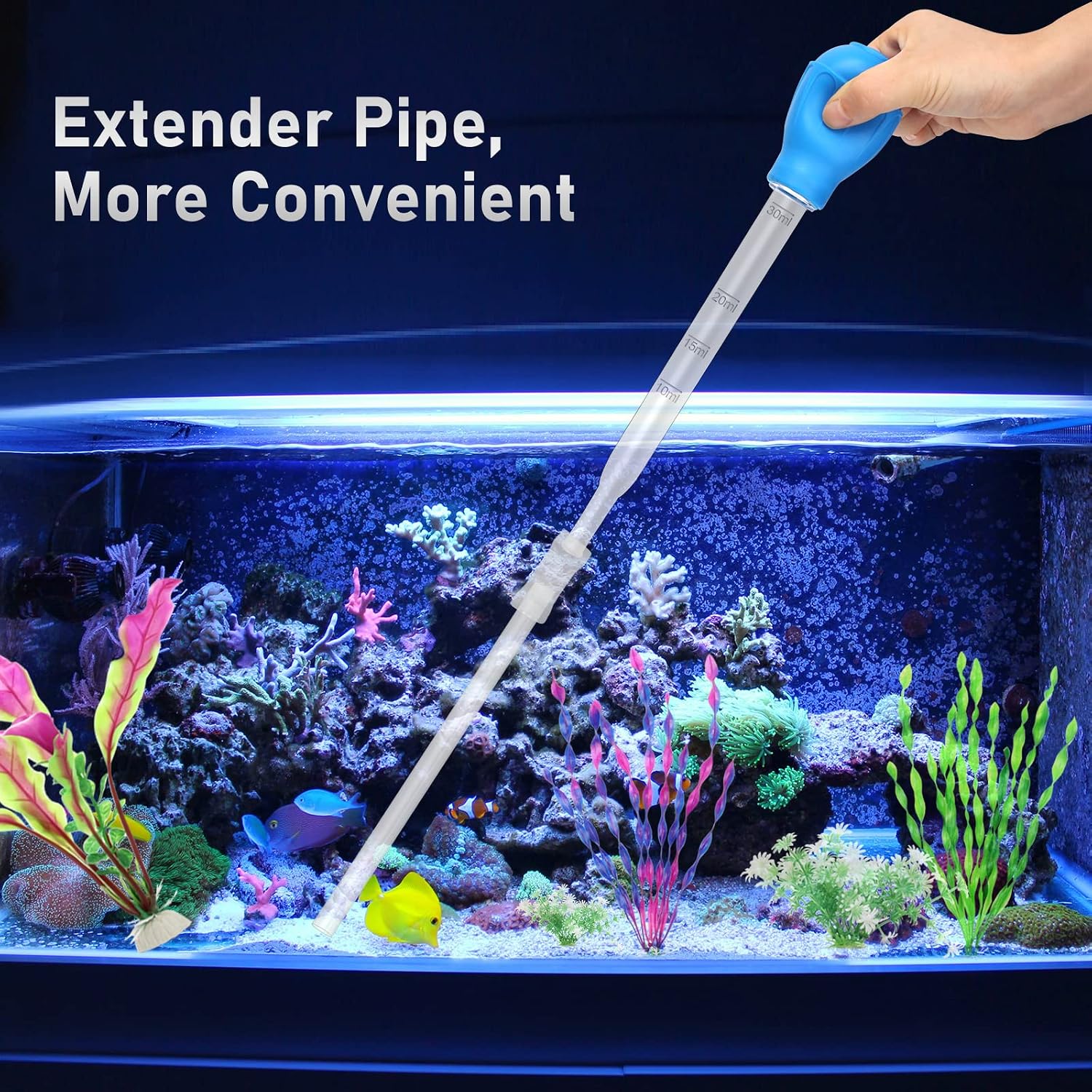 Liveek manual pipette tool removing debris and cleaning waste from a fish tank.