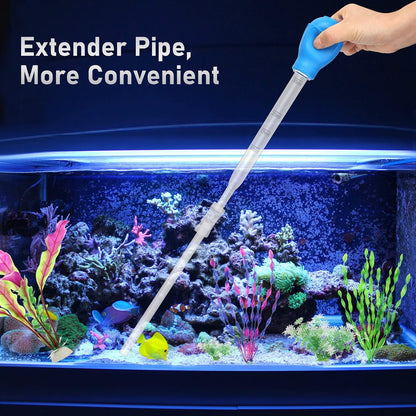 Liveek manual pipette tool removing debris and cleaning waste from a fish tank.