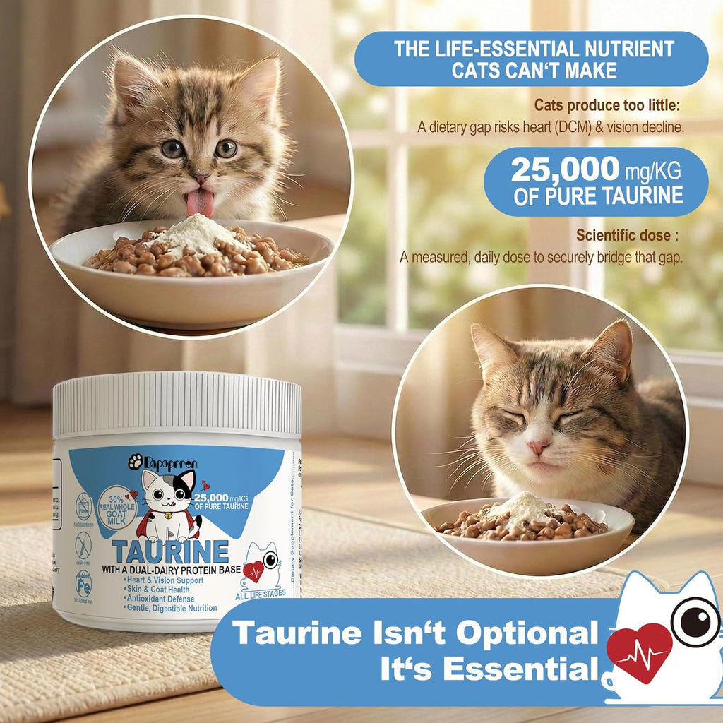 Iron-free taurine powder for cats showing nutrition facts and 200g container.