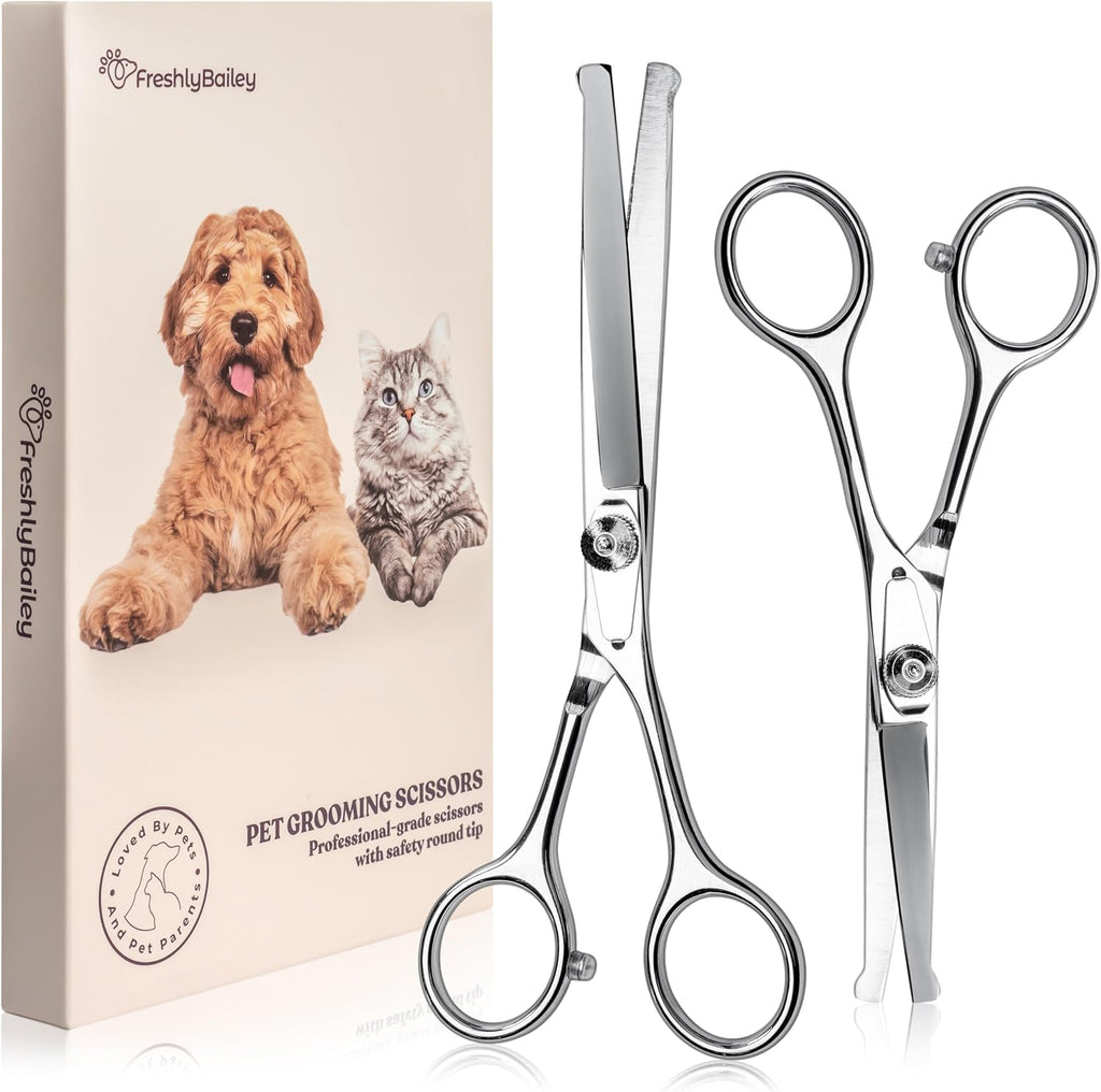 Freshly Bailey pet grooming scissors set front view professional grade safety shears