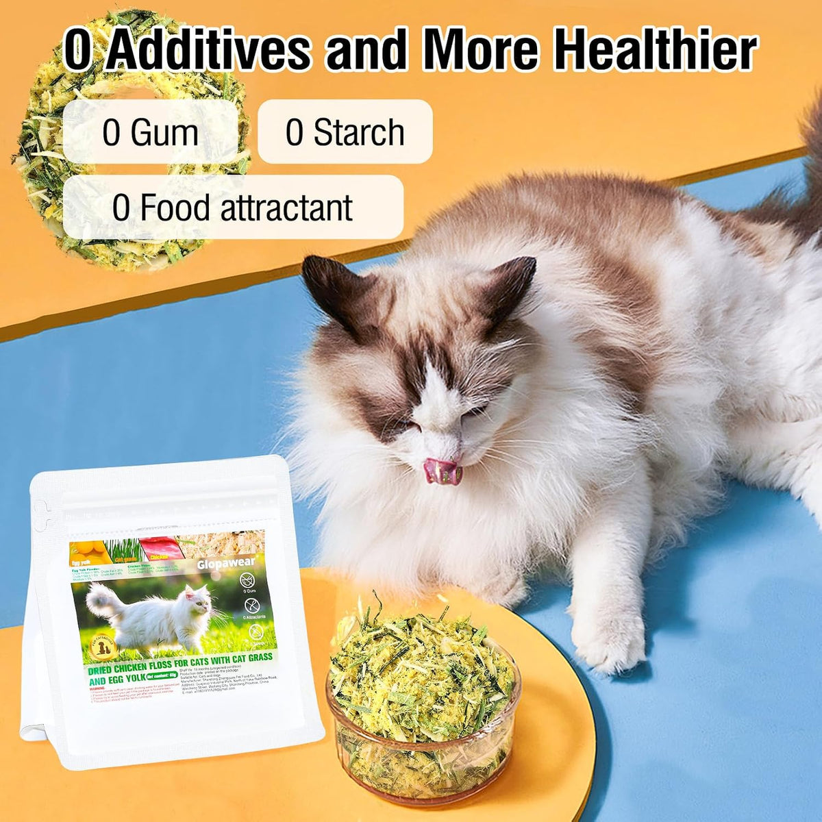 Glopawear natural grain free pet food topper crumbled over standard cat kibble.