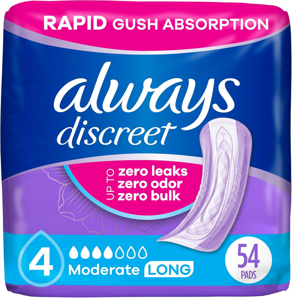 Always Discreet adult incontinence pads for women moderate absorbency front packaging view