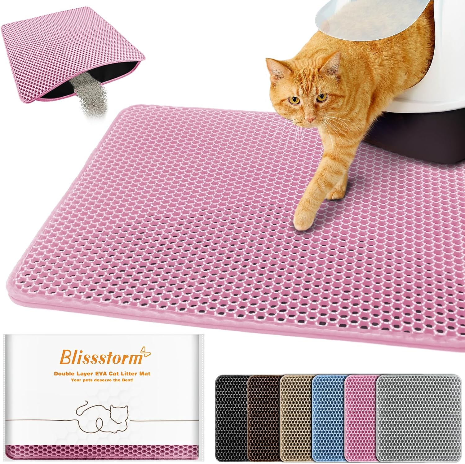 Blissstorm pink waterproof cat litter mat front view showcasing honeycomb grid