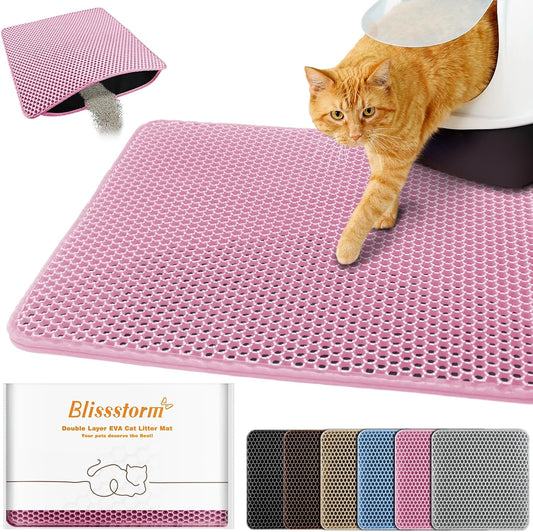 Blissstorm pink waterproof cat litter mat front view showcasing honeycomb grid