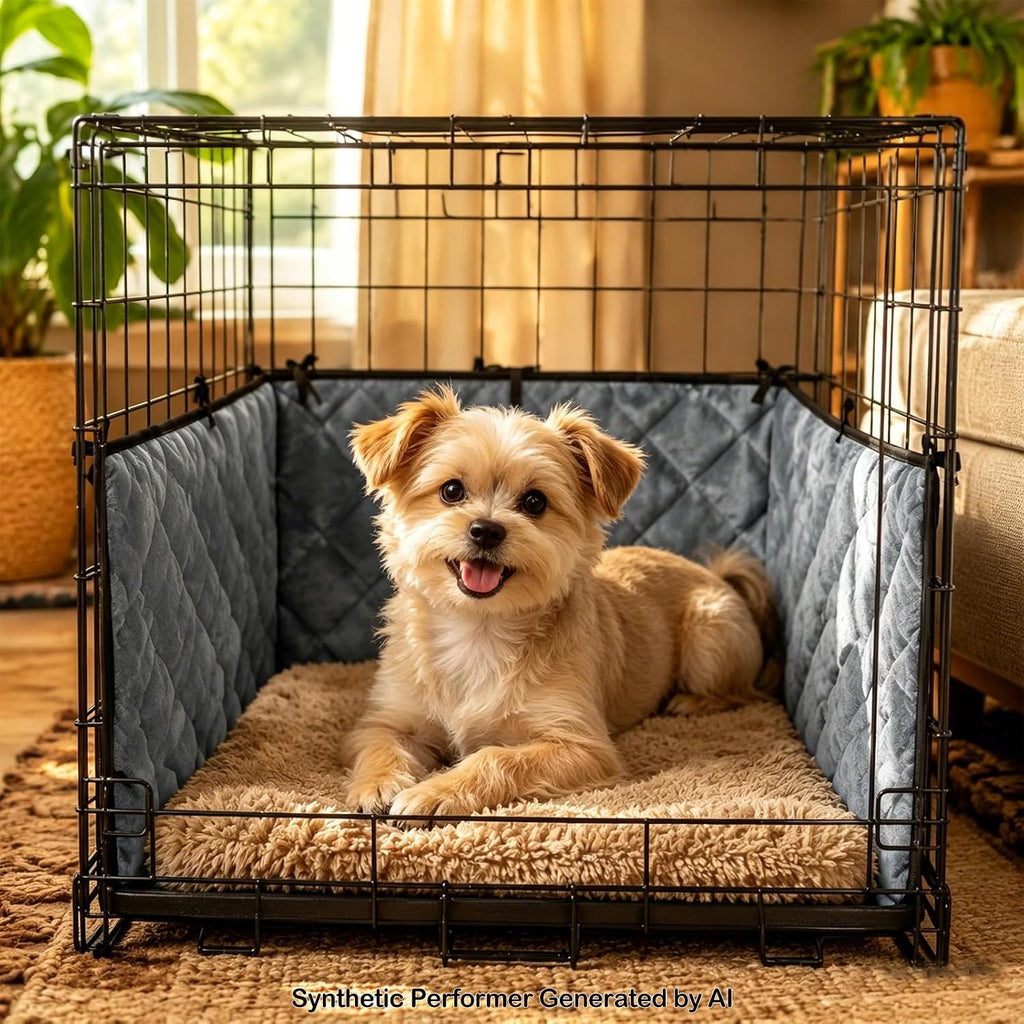 Dog crate bumper shown with a pet toy for scale