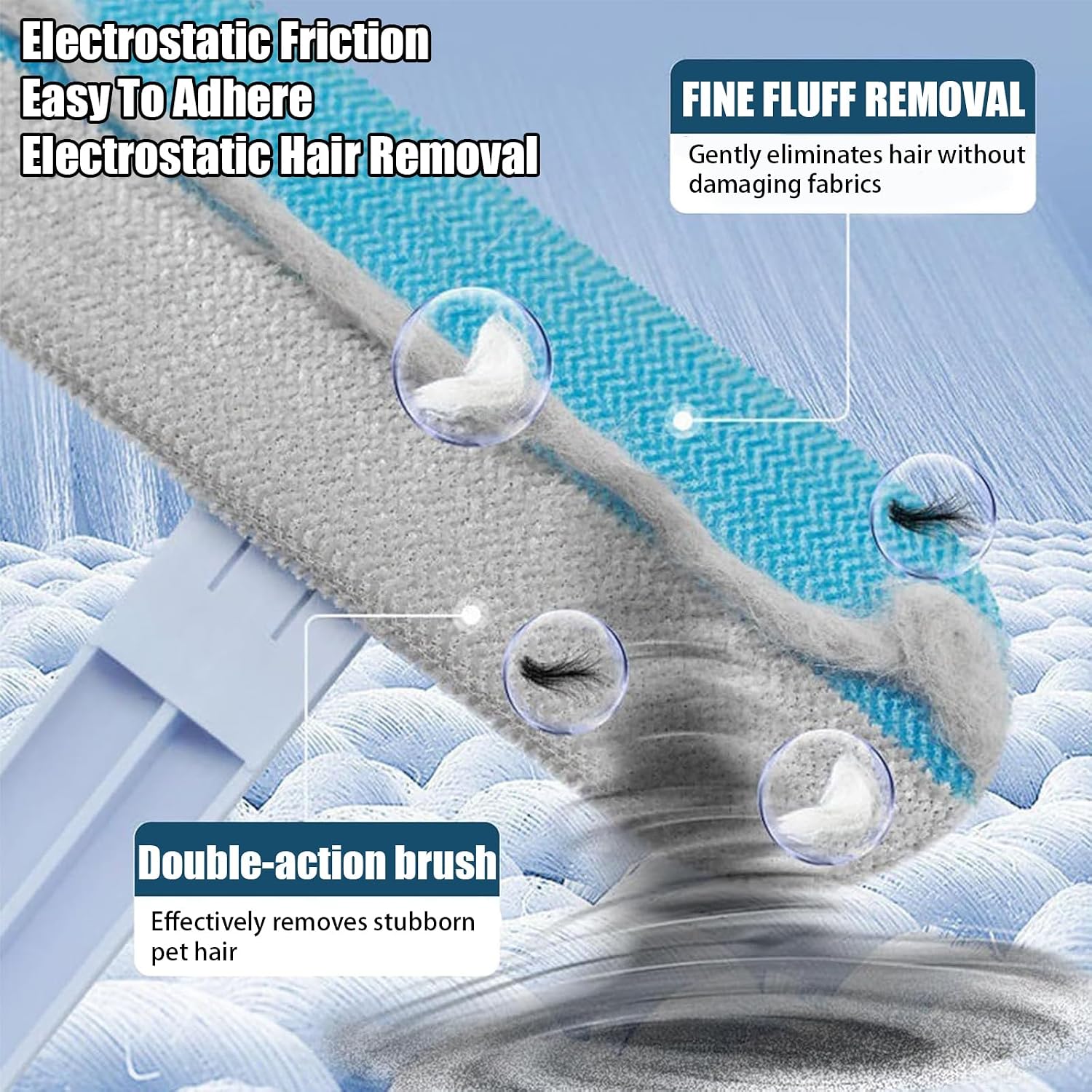 Top handle brush removing dog fur from cotton bed sheet clothing