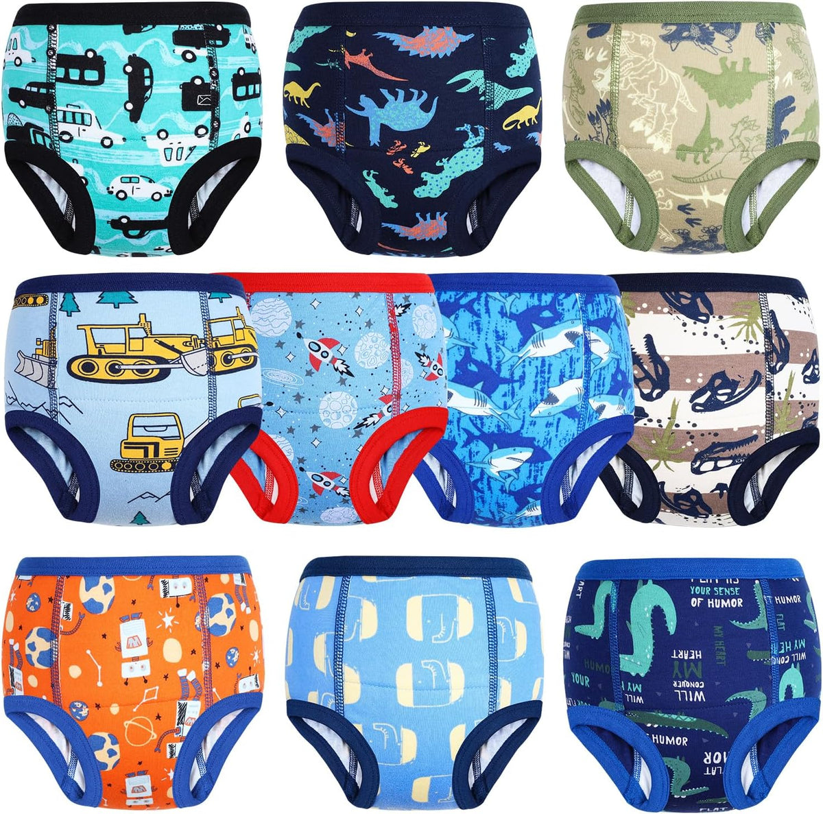 MooMoo Baby Potty Training Underwear Ten Pack front view showing cute colorful patterns on organic cotton toddler training pants.