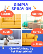 Pet MasterMind cat scratch deterrent bottle showing natural herbal ingredients list
