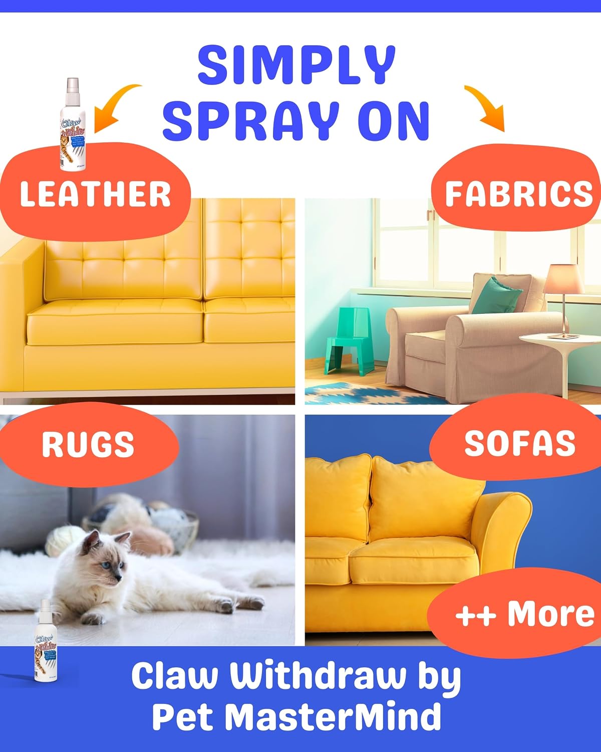 Pet MasterMind cat scratch deterrent bottle showing natural herbal ingredients list