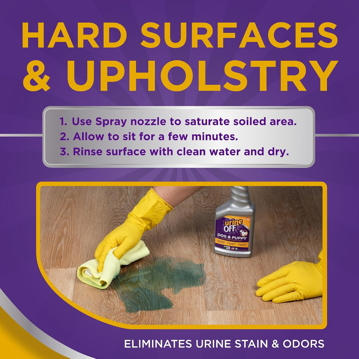 Urine Off pet stain remover liquid breaking down puppy mess on tile