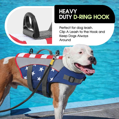 Premium buoyant dog floatation coat displaying double dual D rings for leash attachment