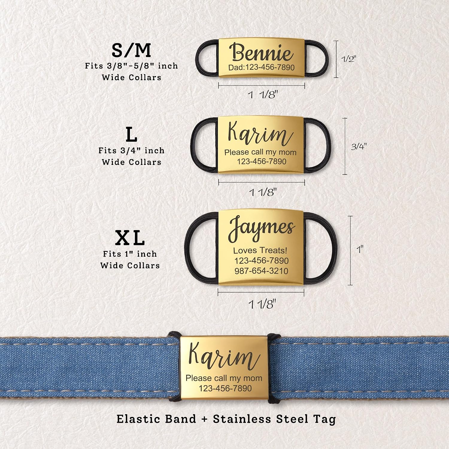 Personalized gold dog nameplate attached securely to a colorful fabric pet collar close up view
