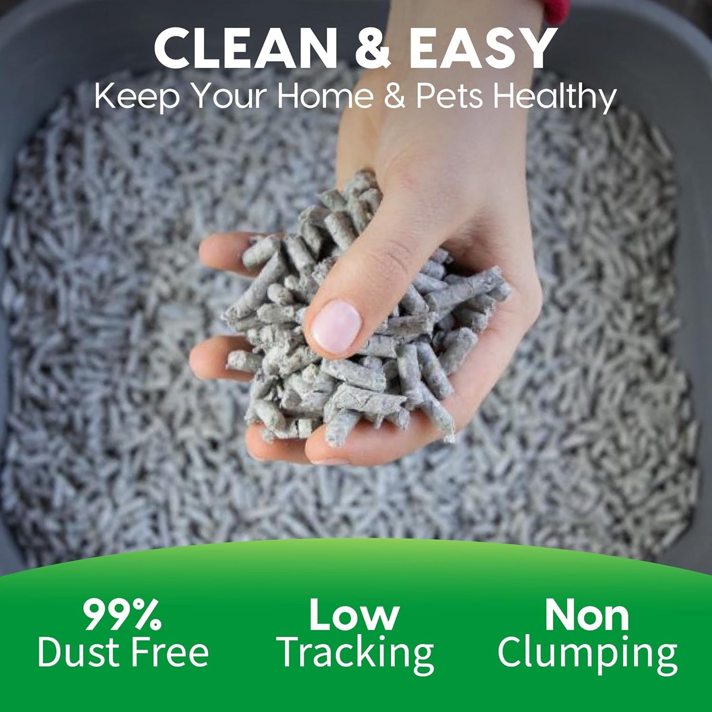 Eco-friendly recycled paper cat litter pellets in a tray