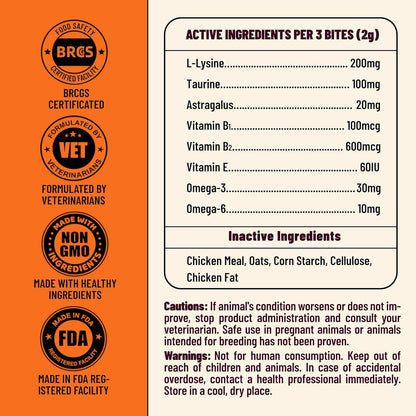 Authentic Multibites L-lysine jar for pet respiratory infection support.