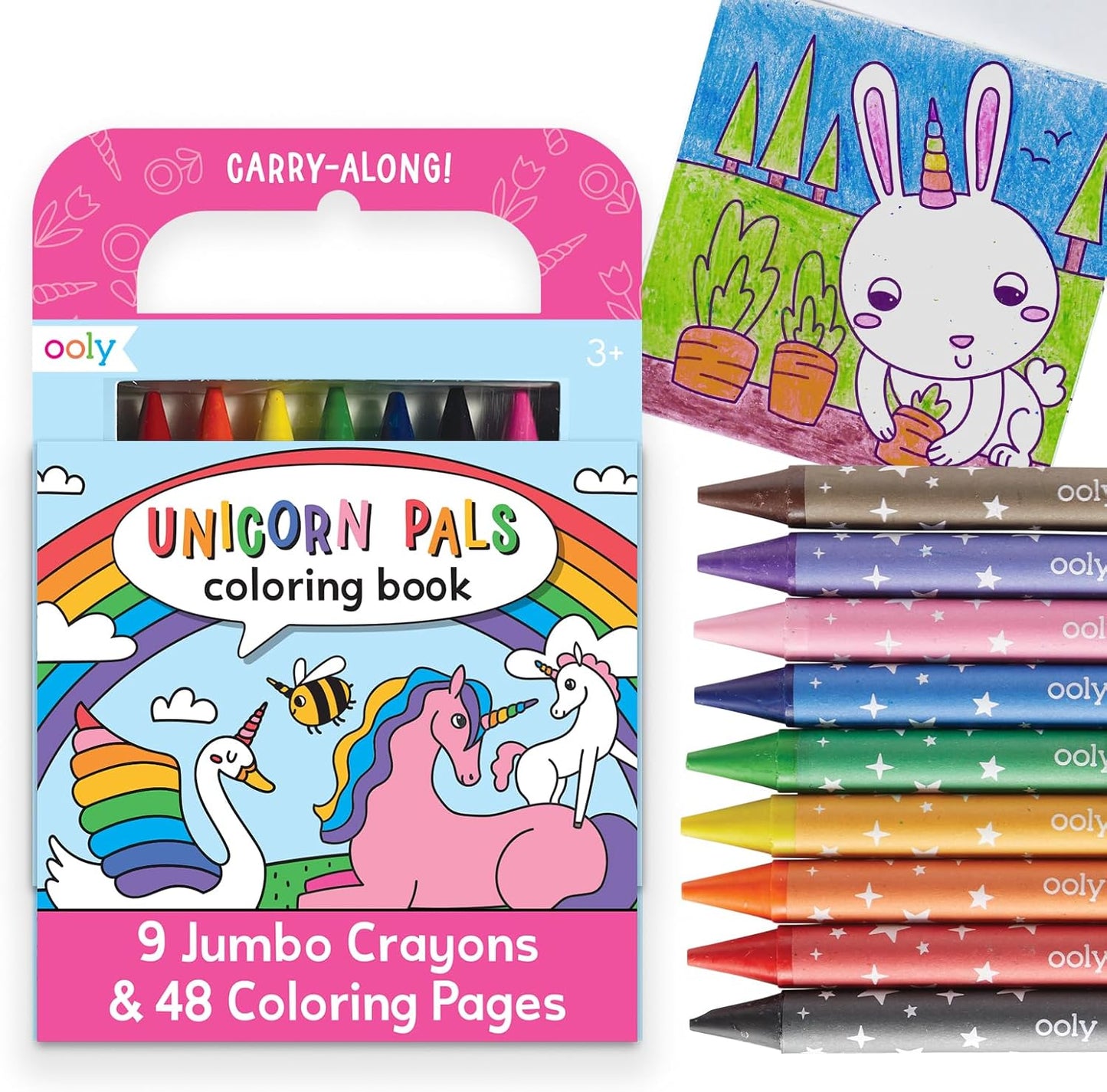 Ooly Travel Art Kit Unicorn Pals front view packaging showing handle and crayon slots.