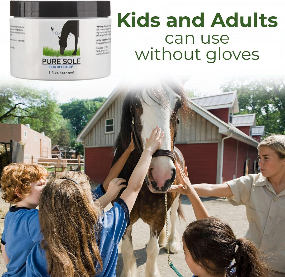 Pure Sole farm animal bug defense balm packaging displaying the proudly made in the USA emblem