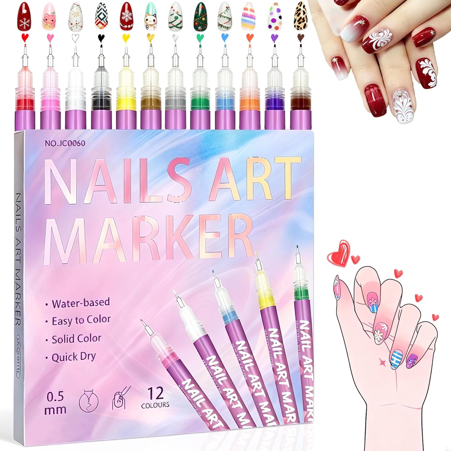 Ordaily 12 color nail art pens set front view