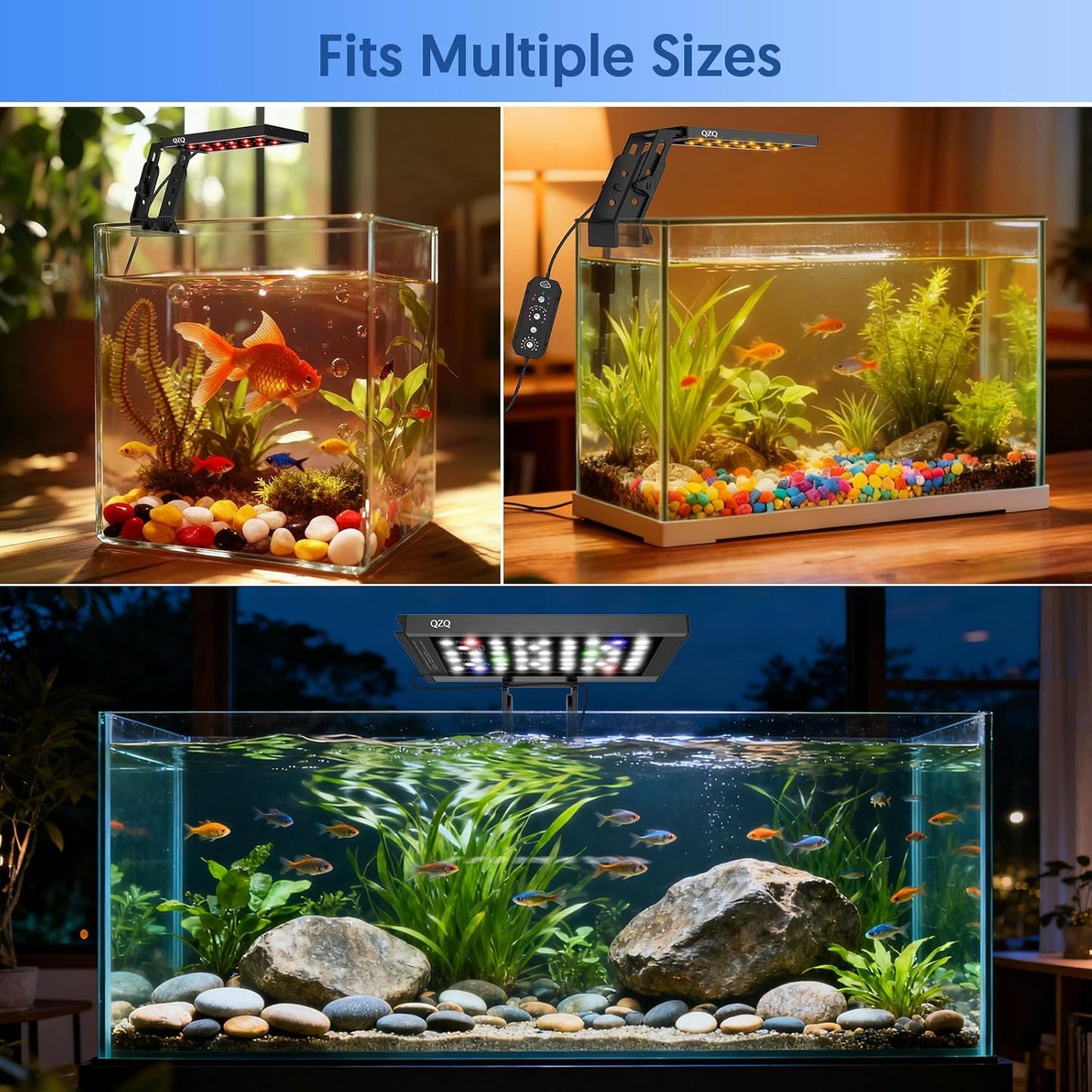Packaging box of the QZQ 12W fish tank light highlighting key features.