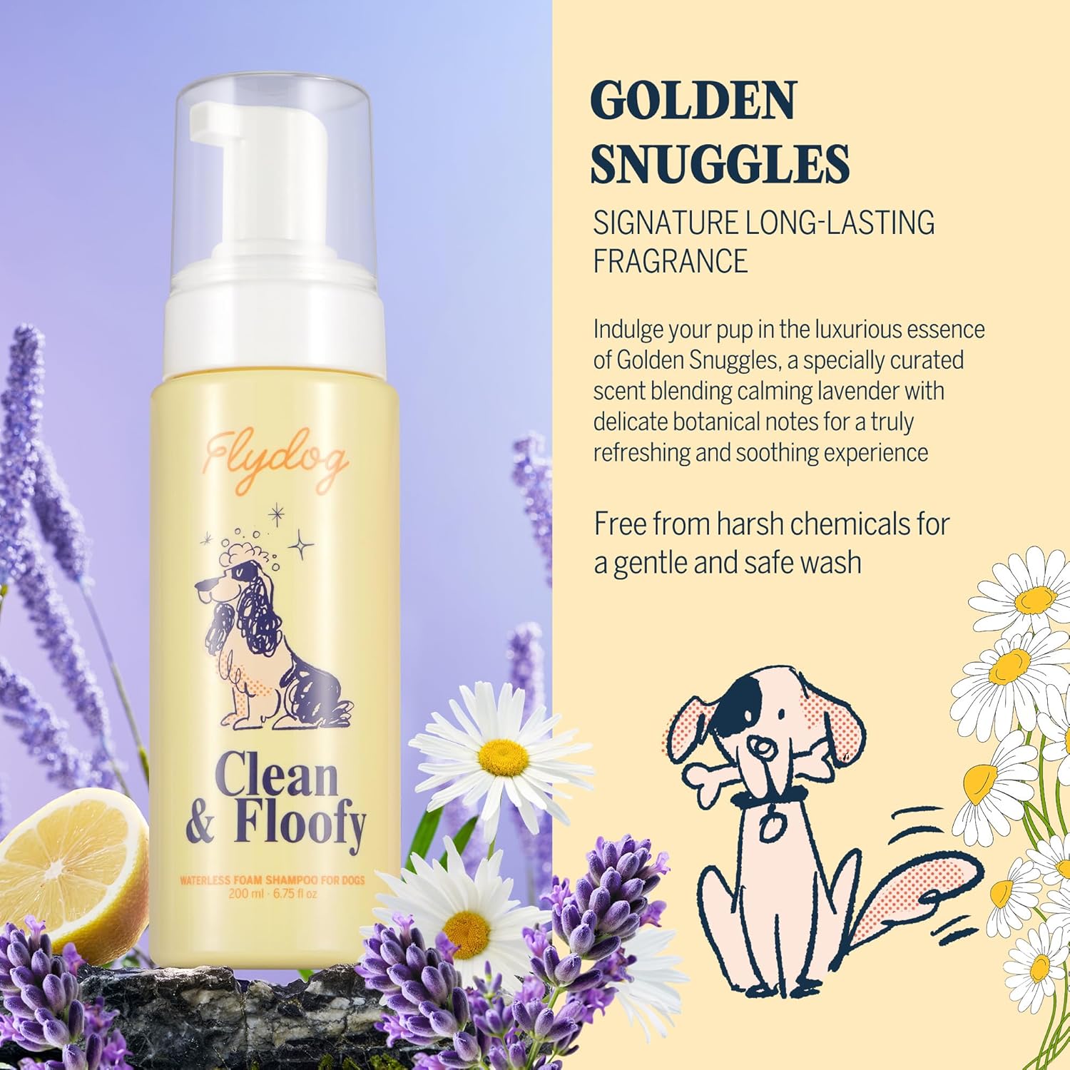Back of Flydog dry shampoo bottle with instructions