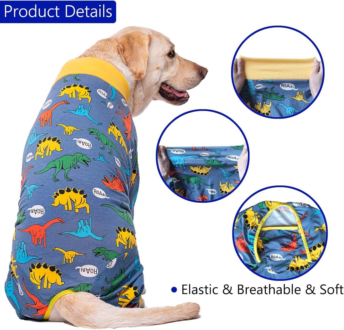 Kzrfojy full body dog recovery suit showing the yellow ribbed leg cuffs.