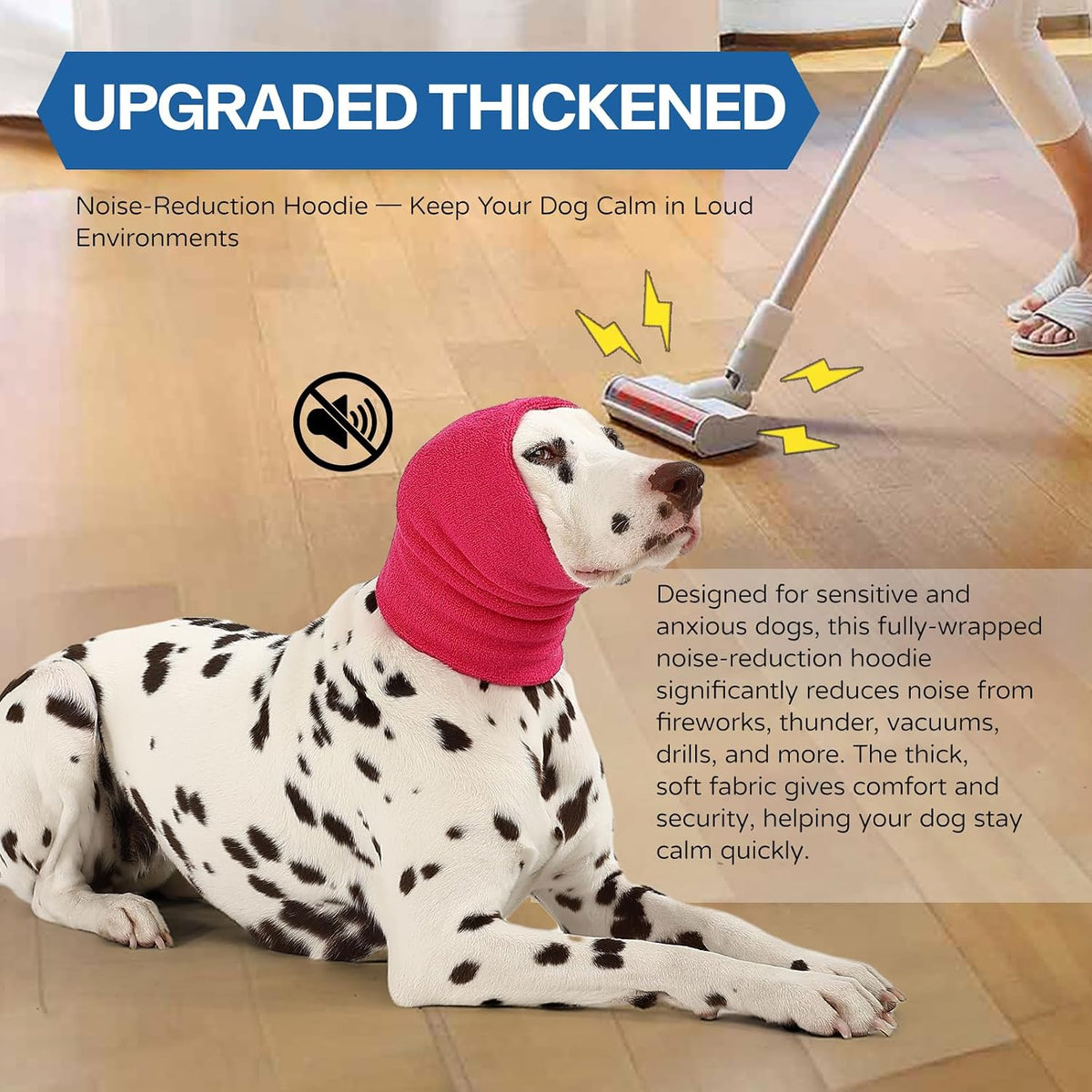 AOOLMOL elastic pet head wrap shielding dog ears from loud festive fireworks.