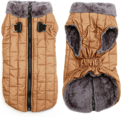 JoyDaog warm fleece dog coat front view in burnished khaki color