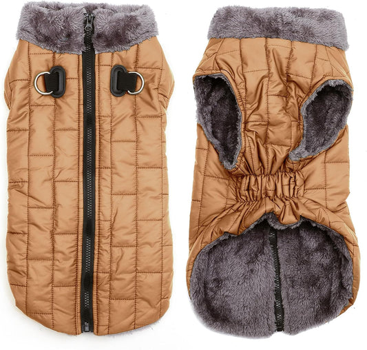 JoyDaog warm fleece dog coat front view in burnished khaki color