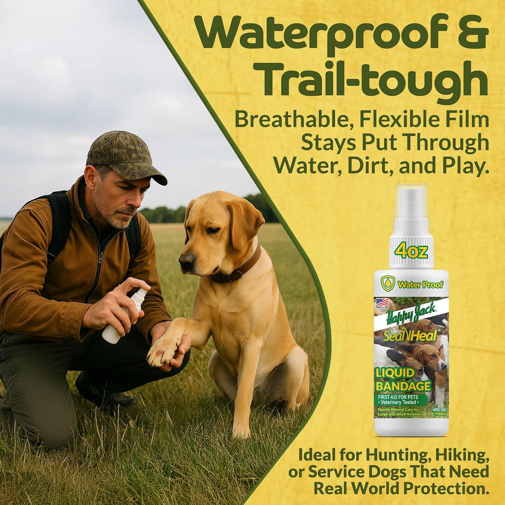 Happy Jack liquid bandage spray showing pet wound care benefits