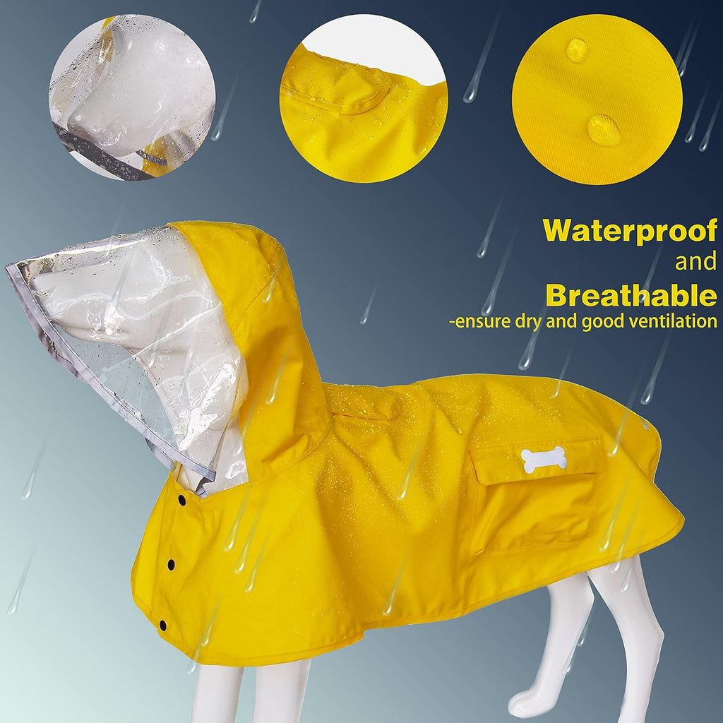 Large yellow dog raincoat highlighting the high visibility reflective bone emblem on the pocket