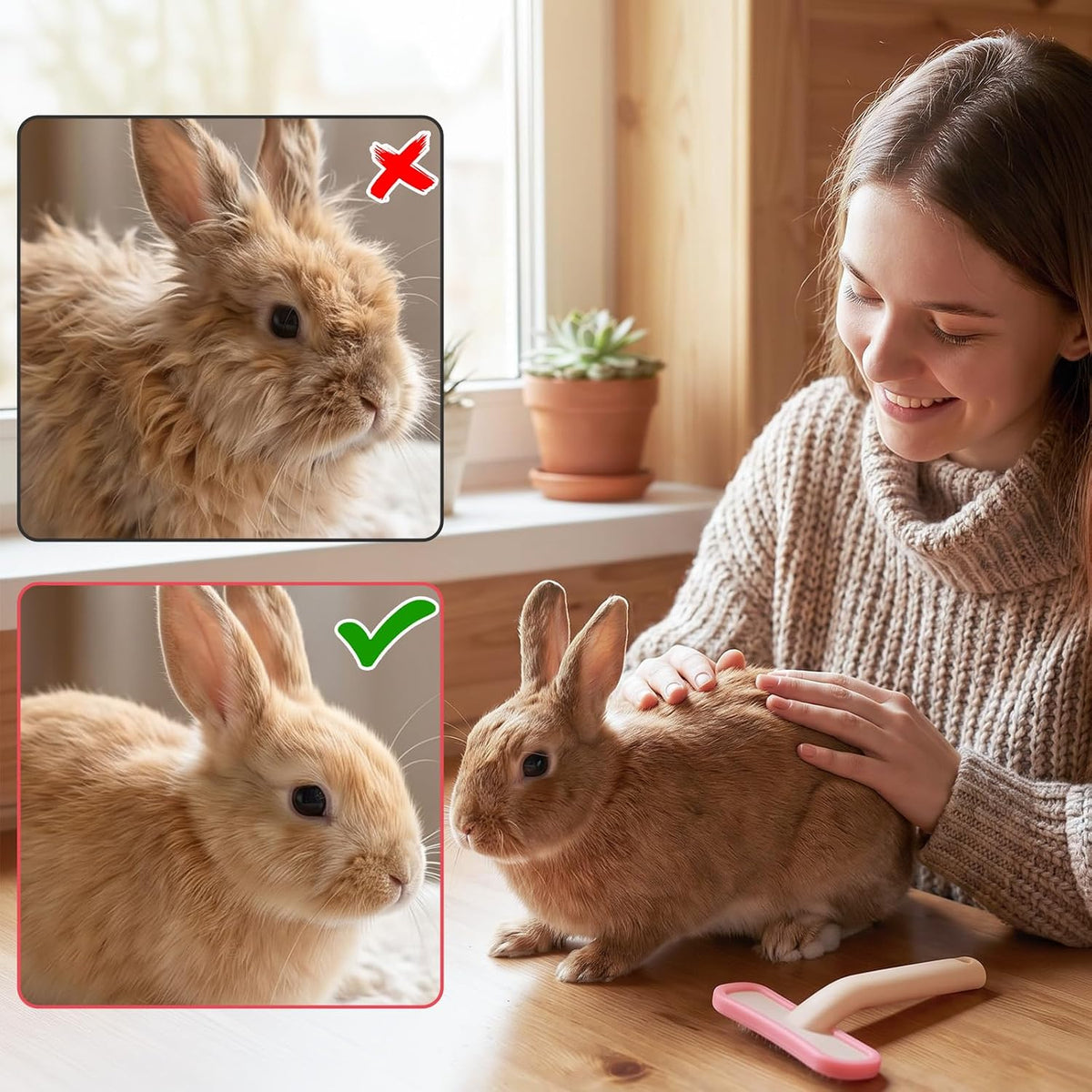 Bunny deshedding tool being held by the ergonomic built-in loop handle