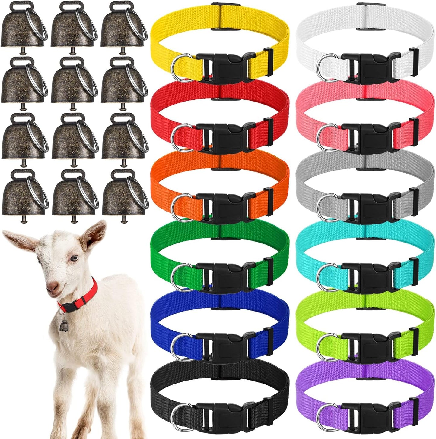 Patelai goat collars with bells 12 pack front view showing multiple vibrant nylon strap colors and bronze grazing bells.