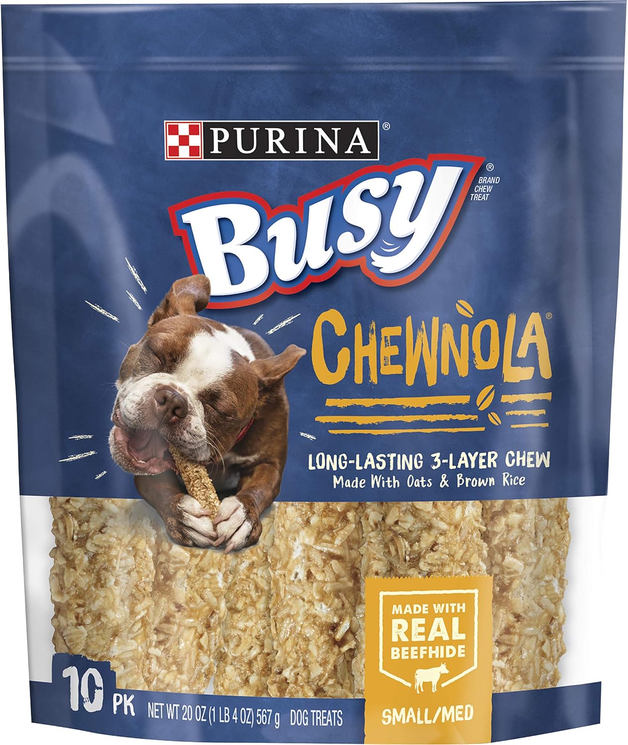 Purina Busy Chewnola dog treats 10 count pouch front view
