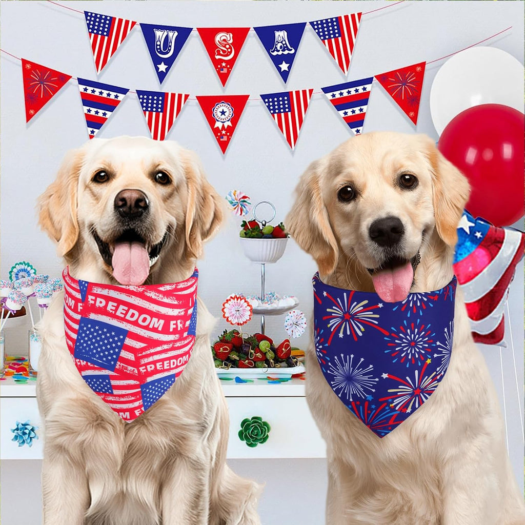 Lightweight and washable polyester patriotic dog scarf displayed flat to show its triangle dimensions.