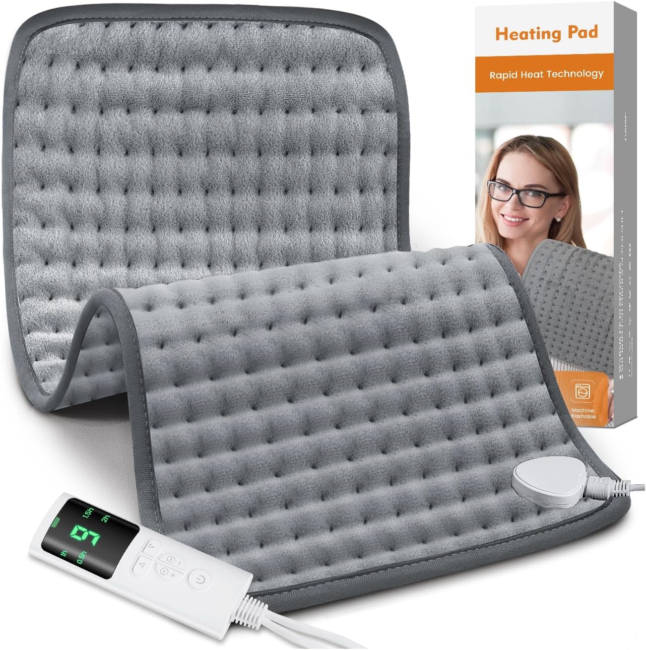 KQPZ electric heating pad front view showing plush grey crystal velvet fabric and digital remote controller.