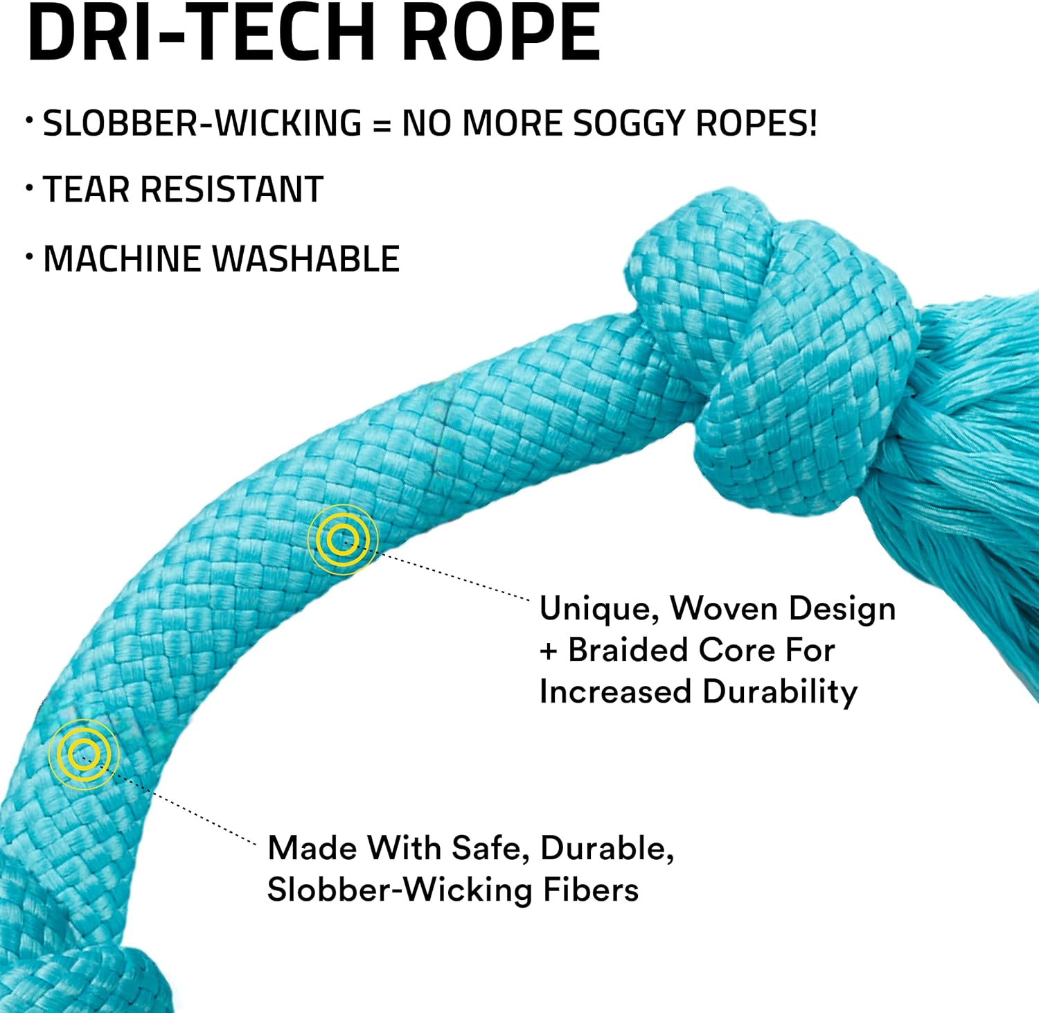Playology peanut butter scented rope toy for large dogs highlighting the durable reinforced knots.