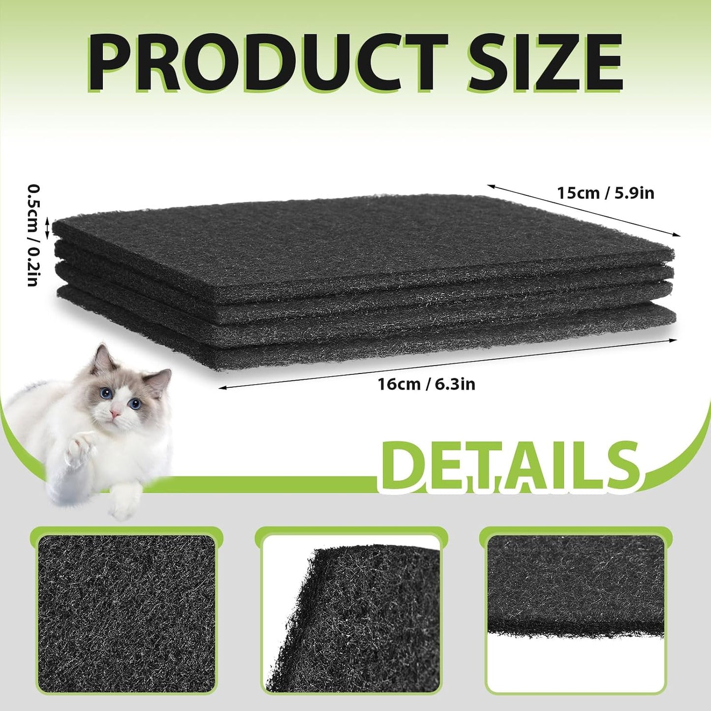 Thick black charcoal deodorizer pads for hooded pet litter trays.