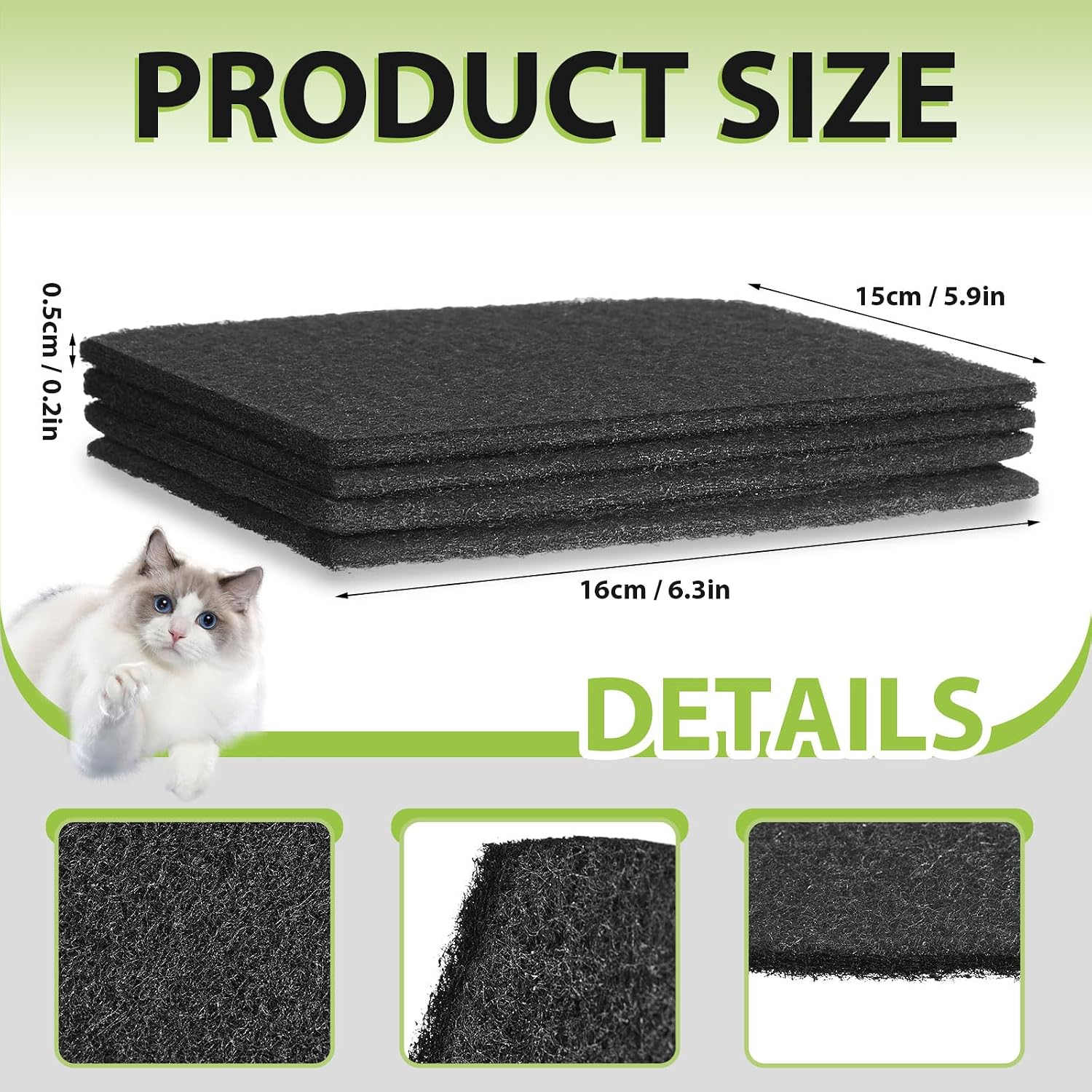 Thick black charcoal deodorizer pads for hooded pet litter trays.