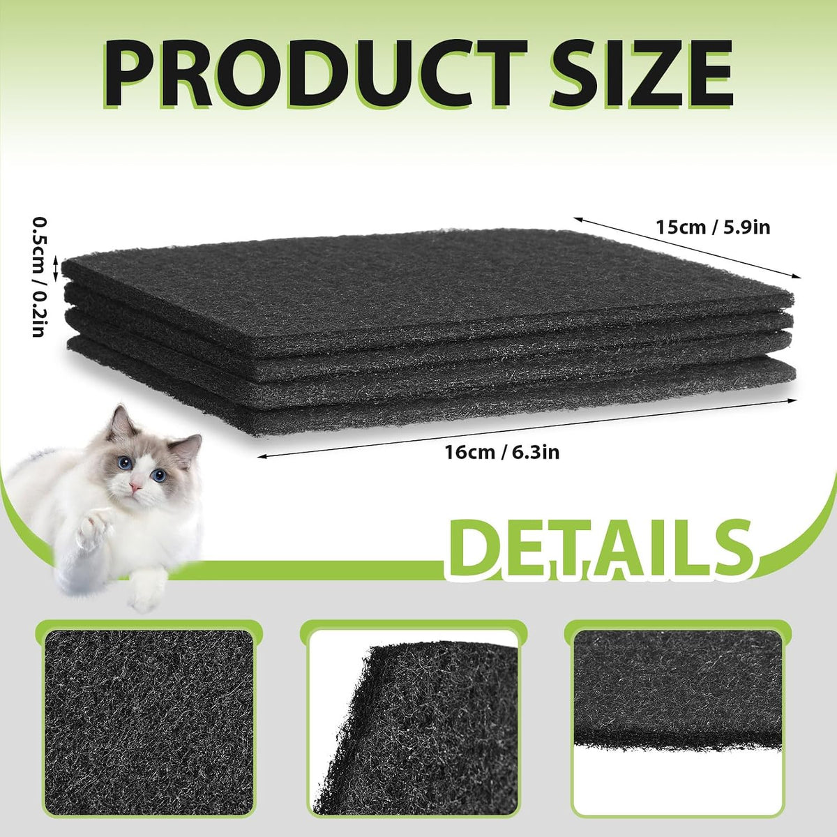 Thick black charcoal deodorizer pads for hooded pet litter trays.