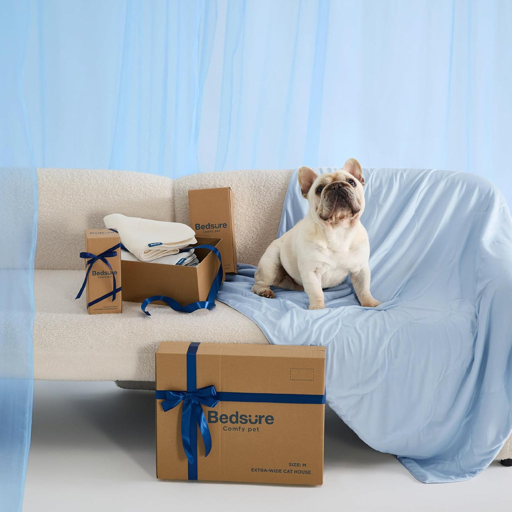 Premium imported Bedsure dog cooling throw blanket spread out on a master bed