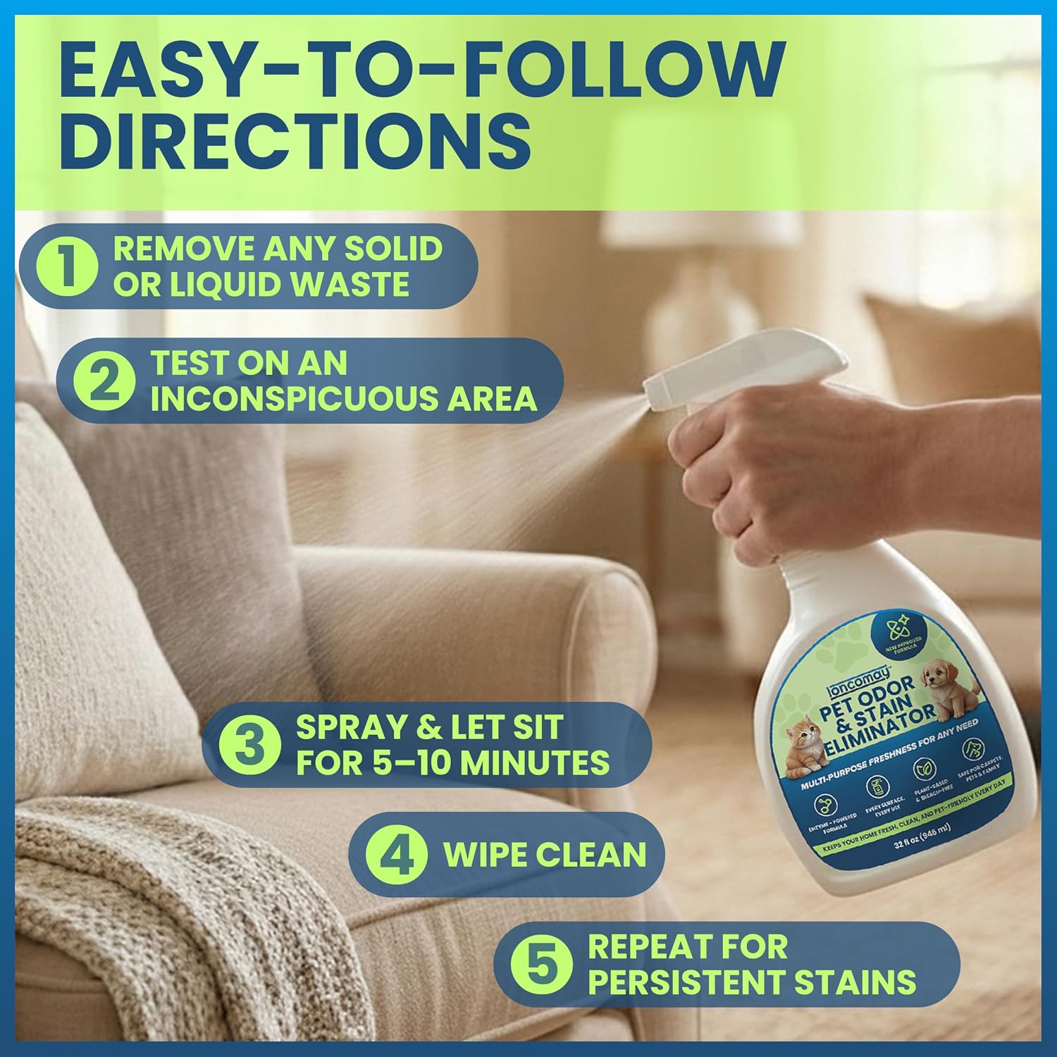 Pet safe carpet cleaner spray for eliminating deep-set feces and vomit odors
