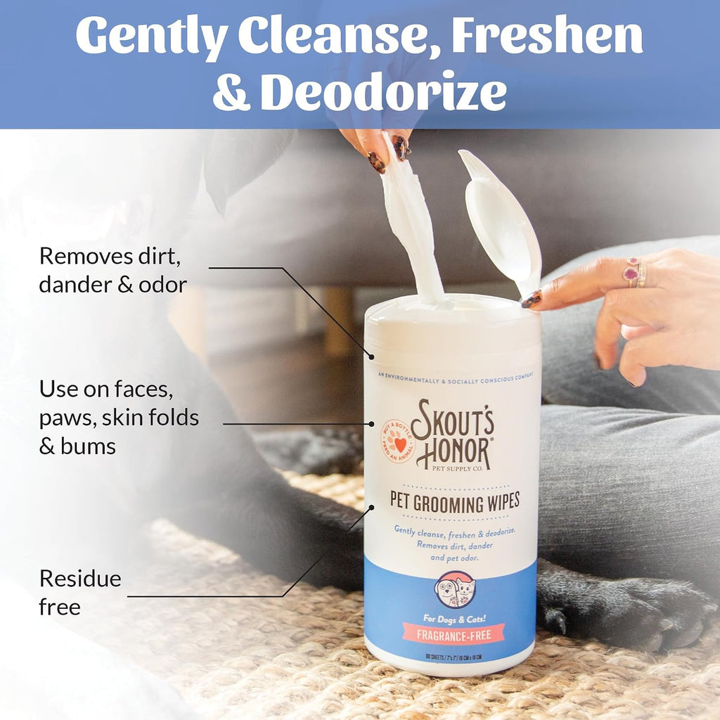 Back label of Skout's Honor pet grooming wipes showing the natural botanical ingredients list.