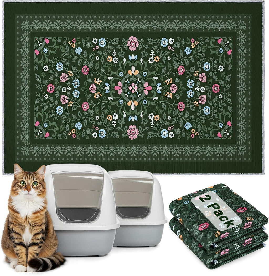 Bienbee Cat Litter Mat dark green front view showing woven mesh texture