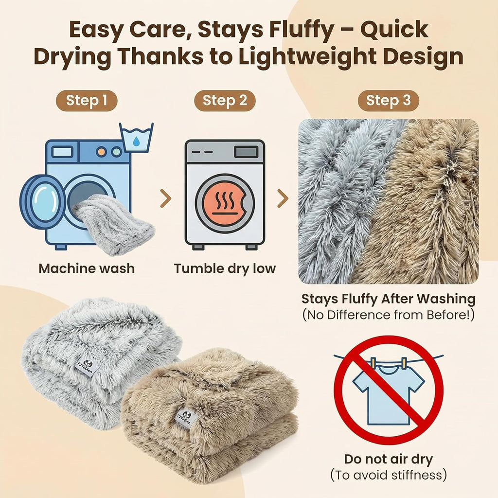Machine washable premium fleece pet blanket being placed into a home laundry dryer.