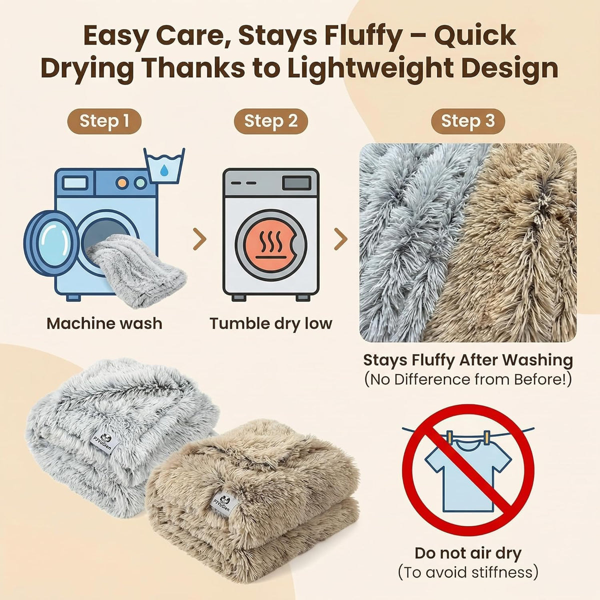 Machine washable premium fleece pet blanket being placed into a home laundry dryer.