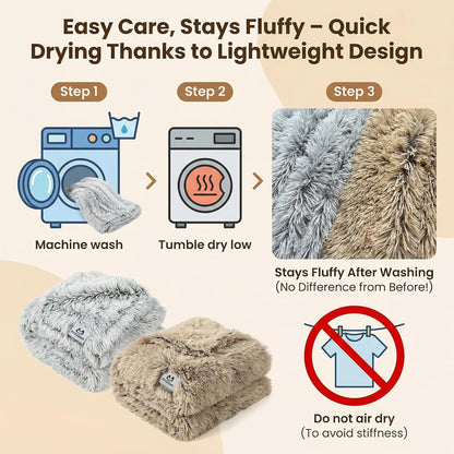 Machine washable premium fleece pet blanket being placed into a home laundry dryer.