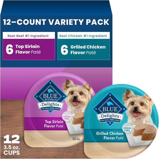 Blue Buffalo Delights Variety Pack wet dog food front view showcasing top sirloin and grilled chicken flavors.