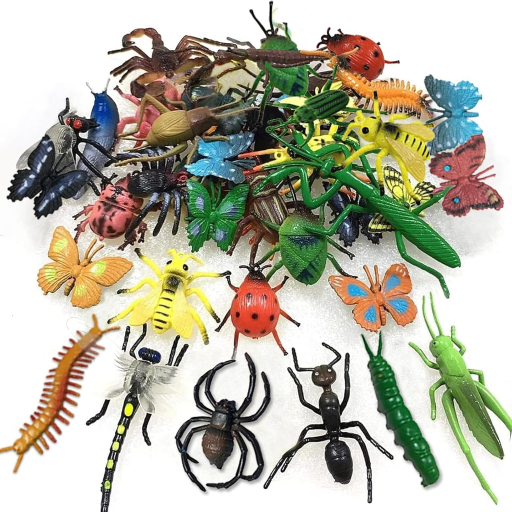 SUPER TOY fake plastic bugs and insects 30 count set front view displaying assorted colorful mini figures.
