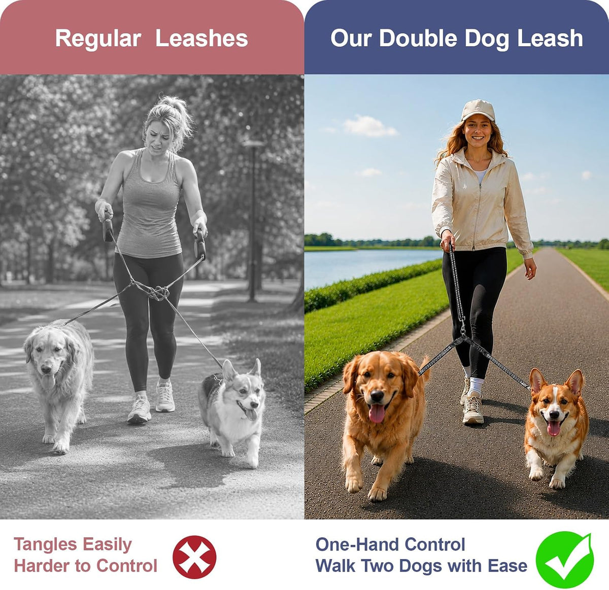 PUEENOD twin dog leash set showcasing the integrated metal D-ring for holding waste bags and keys.